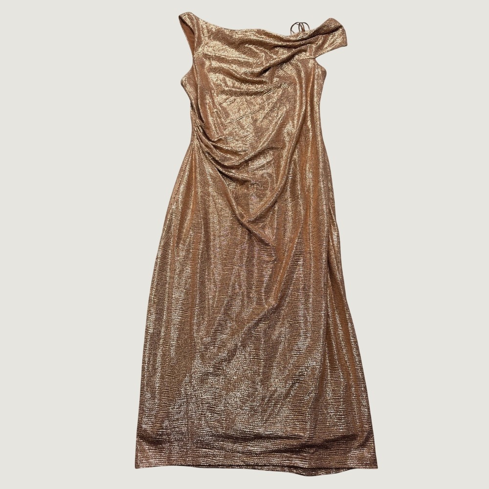 NEW Lauren Ralph Lauren Gown Women's 8 Gold Metallic Ruched Off-Shoulder Dress